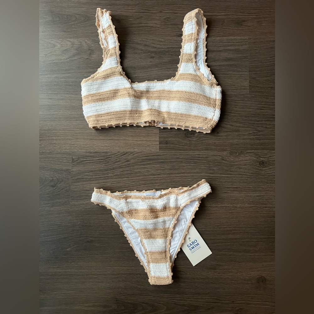 Sabo Skirt crochet bikini, white/beige stripes, size S bottom and M top - Picture 1 of 3